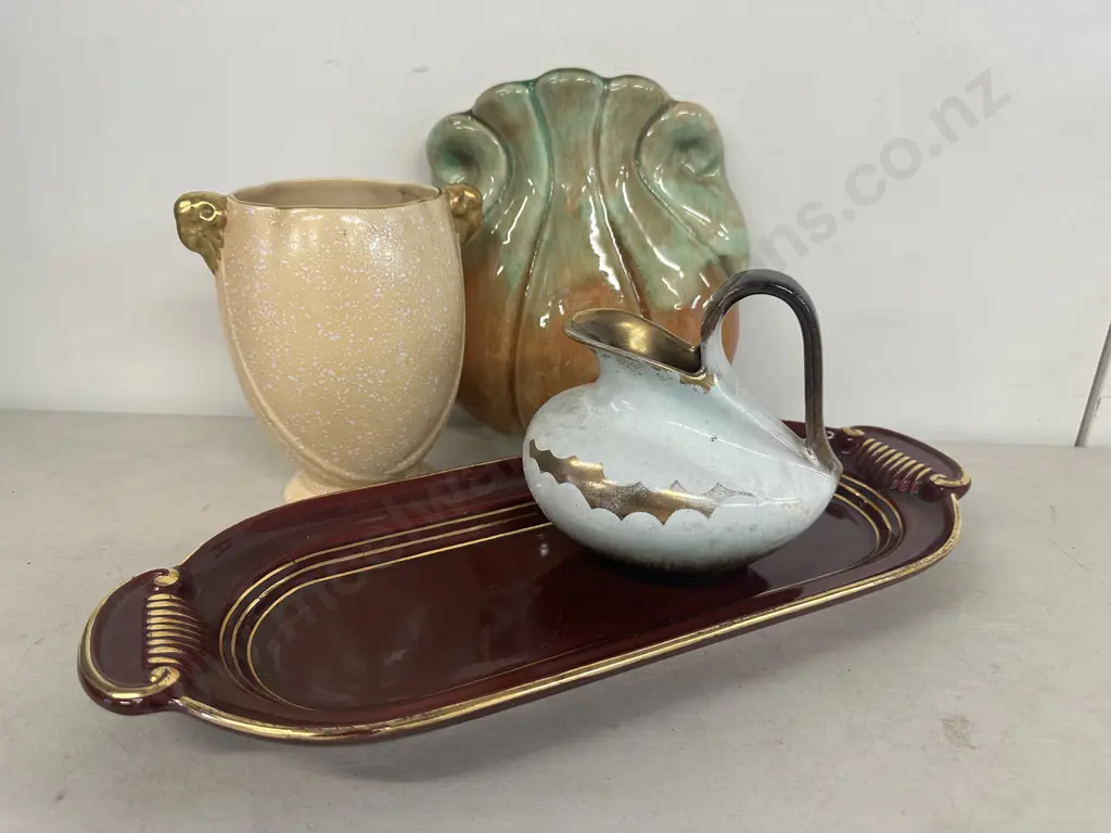 Art Deco Crown Devon Vase With Steel Frog, 16cm, German Art Deco Jug, Ruby Red, Gilt Oval Dish. 41 x 16cm & Pocket Vase Image 1++